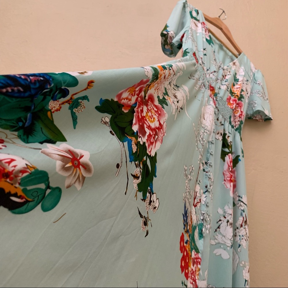 Floral Baby Blue Rayon Short Sleeve Long Dress